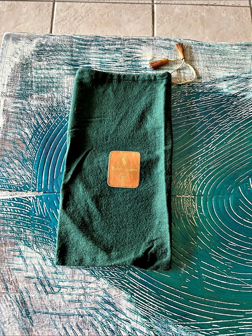 Ralph Lauren Vintage Green Flannel Dust Bag with Leather Tassels